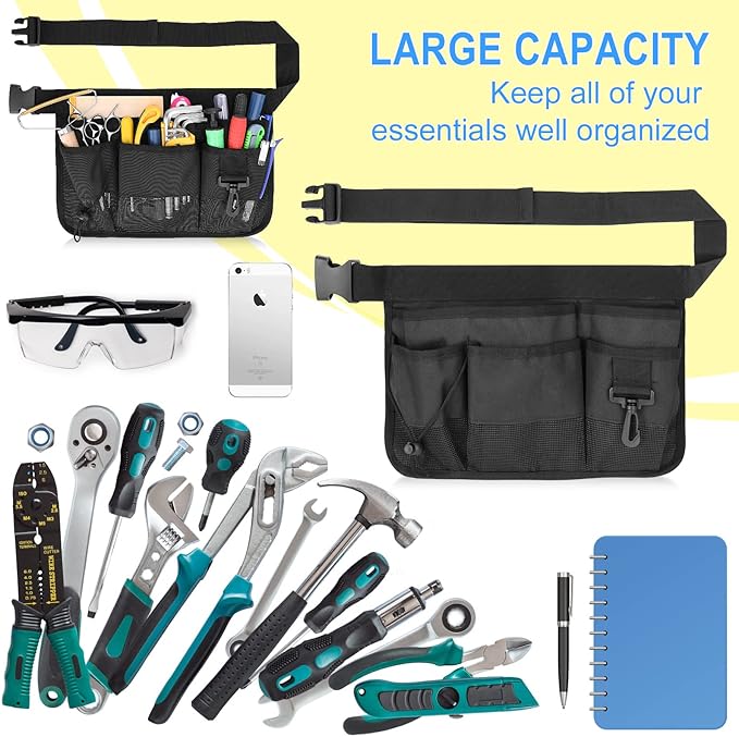 Gardening Tool Waist Bag Belt Heavy Duty Oxford Tool Apron with 7 Pockets of Different Sizes and Depth (Black)