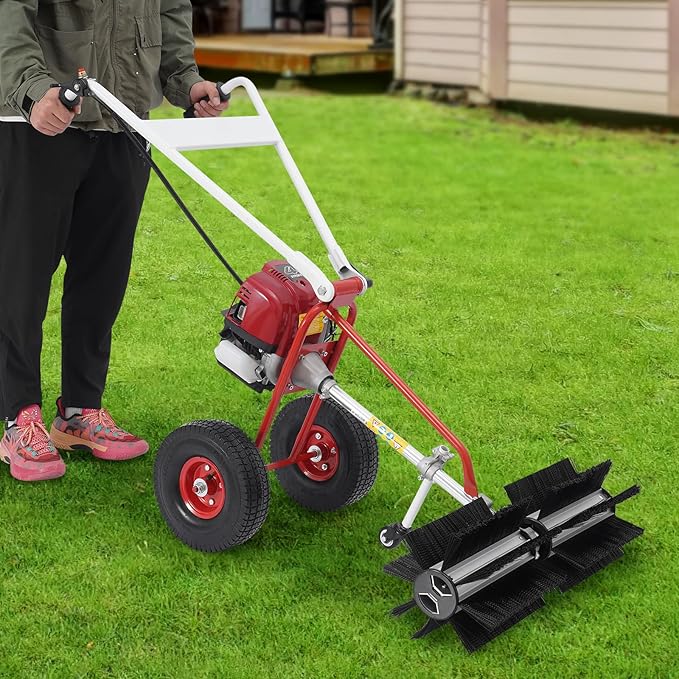 Gas Handheld Lawn Sweeper, 4 Stroke Snow Sweeping Broom Driveway Turf Lawns Artificial Grass Power Brush Lawn Sweeper Cleaner Tools, 23.62 x 23.62 x 37.8In