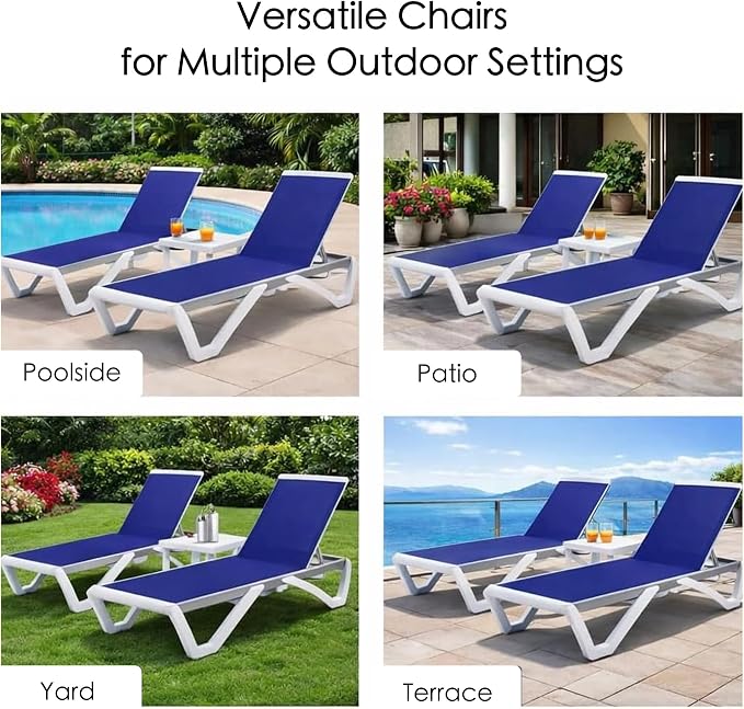 Kozyard Outdoor Chaise Lounge Chair, Fully Flat Adjustable Patio Lounger with Aluminum Frame & Resin Legs, Textilene Fabric for Poolside, Backyard & Beach (Navy Blue)