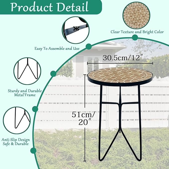 Mosaic Khaki Round Sode Tea Table,Valentine's Day Unique Furniture, Small End Outdoor Side Accent Bedside Dining Room Table, Indoor Balcony Outdoor Furniture, Balcony Valentine's Day Decor