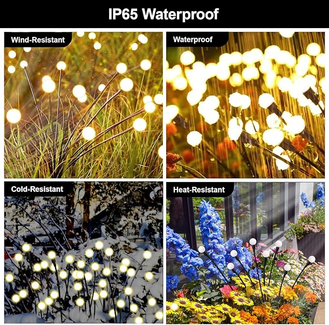 Solar Firefly Lights Warm White, 8 Modes 800mAh Swaying Firefly Yard Lights Solar Powered Outdoor Waterproof for Outside Yard Patio Lawn Pathway Walkway Stake Christmas Garden Decor (4 Pack)