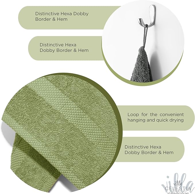 100% Cotton Bath Towel Set of 18-4 Bath Towels, 6 Hand Towels, 8 Wash Cloths, Sustainable, Soft, Highly Absorbent, Combed Cotton 18 Piece Set for Hotels, Spa, Bathroom, Dorm, Sage