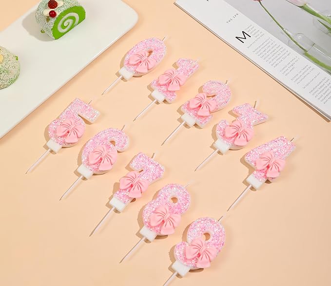 3 Birthday Candle with Pink Sequins and Bowtie, Pink 3 Cake Topper Decoration for Girls Pastel Sweet Theme Birthday Party or Adults Milestone Age