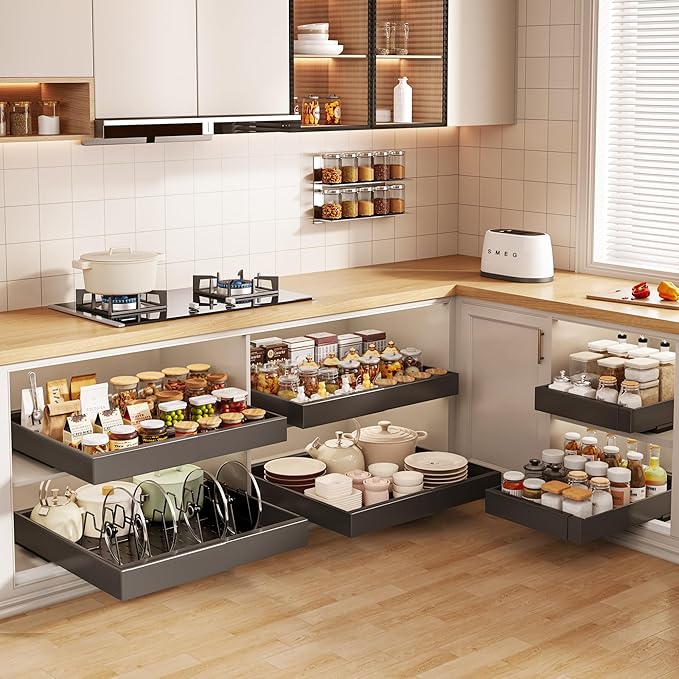 4 Pack Pull out Cabinet Organizer 21"Deep with Raising Pad for Framed Cabinets, Expandable Slide out Drawers for Kitchen Cabinets with 4pcs Divider Racks, Roll out Shelves 12.1"-20.4" W Black