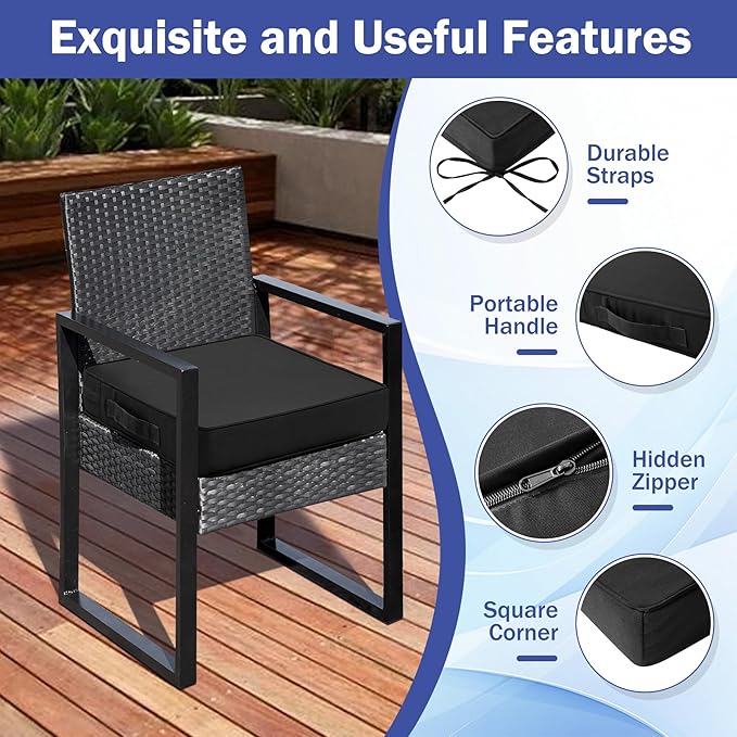 IASEAHK Patio Chair Cushions, 19" x 19" x 3" Outdoor Chair Cushions Set of 4, Waterproof Outdoor Cushions for Patio Furniture, Outdoors Seat Cushions Set of 4 with Handle and Ties, Black