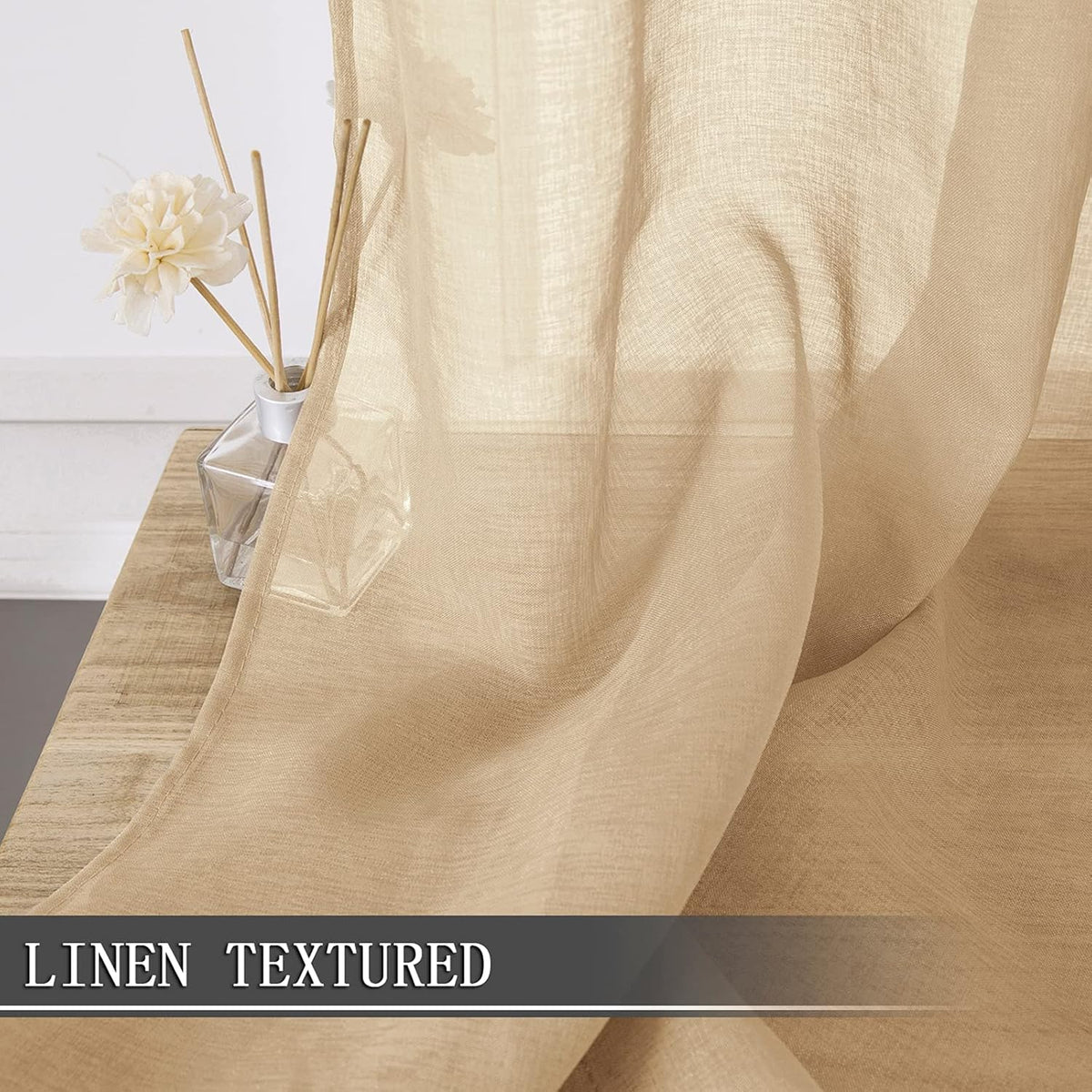 Tollpiz Sheer Curtains Bedroom Linen Textured Curtain Sheers Light Filtering Voile Rod Pocket Curtains for Living Room, 38 x 84 inches Long, Beige, Set of 2 Panels
