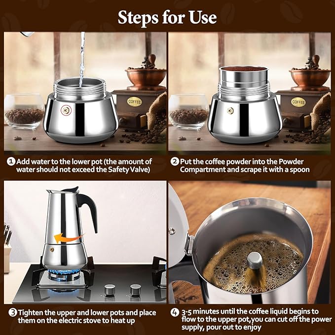 4 Cup Moka Pot Percolator Italian Coffee Maker 200ml Stovetop Espresso Mocha Stainless Steel Greca Coffee Maker Classic Cafe Makers Suitable for Induction Cookers Ceramic Stoves Tummy