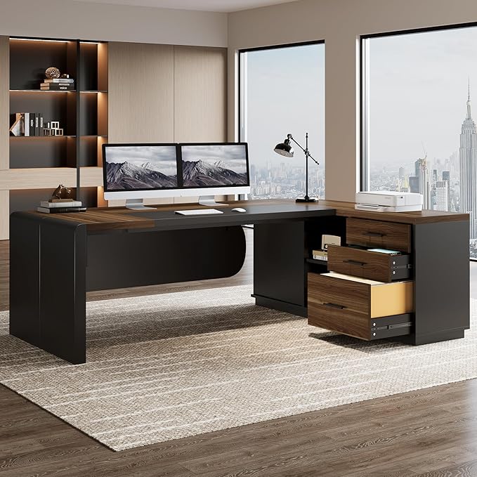 Tribesigns 80'' L-Shaped Desk Set of 4, Large Executive Office Desk with 55'' Drawers Cabinet, Modern Computer Table with Storage Shelves, Business Furniture for Office, Brown