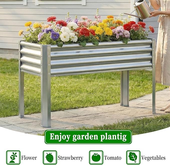 Galvanized Raised Garden Bed with Legs, 48×24×32in Large Metal Elevated Raised Planter Box with Drainage Holes for Backyard, Patio, Balcony, 400lb Capacity,Sliver