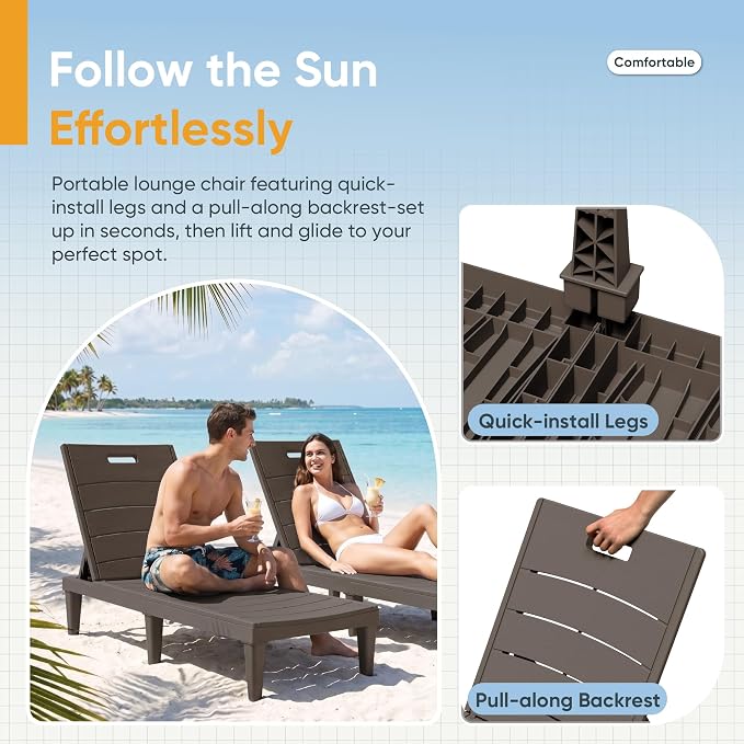 Greesum Outdoor Chaise Lounge Chairs Set of 4 with 5-Position Adjustable Backrest, Waterproof PP Sun Chaise Loungers for Garden Pool Beach Patio Deck Sunbathing, Brown