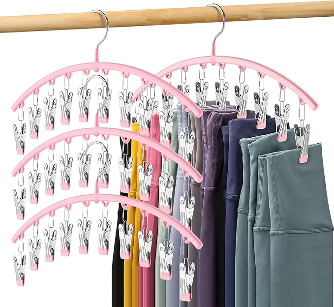 Legging Organizer for Closet, Metal Yoga Pants Hangers 4 Pack w/10 Clips Holds 40 Leggings, Space Saving Hanging Closet Organizer w/Rubber Coated Closet Organizers and Storage, Pink