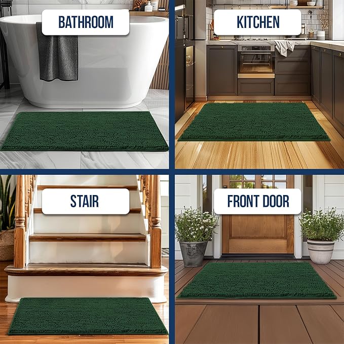 Muddy Mat Chenille Bathroom Rugs Quick Dry Microfiber Mats Non Slip Washable, Extra Thick, Soft and Highly Absorbent Bath Mats for Bathroom, Kitchen, and Shower Floor - Dark Green Medium 30"X19"