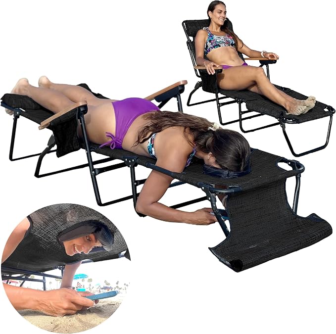 EASYGO PRODUCTS FLIP Face Down Tanning Chaise Lounge Chair with Face & Arm Holes - 4 Legs Support - Textilene Material - 6 Position - Arm Head Rest Pillow - Beach or Home Use