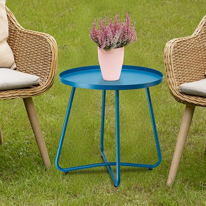 danpinera Outdoor Side Tables, Weather Resistant Steel Patio Side Table, Small Round Outdoor End Table Metal Side Table for Patio Yard Balcony Garden Bedside (Blue)