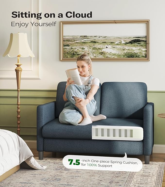 Loveseat Sofa, 51" Love Seat, Comfy Teddy Small Loveseat for Small Spaces, Tool-Free Setup Sofa Couch for Bedroom, All-Wood Couches for Living Room, No Pillow Included, Slate Blue