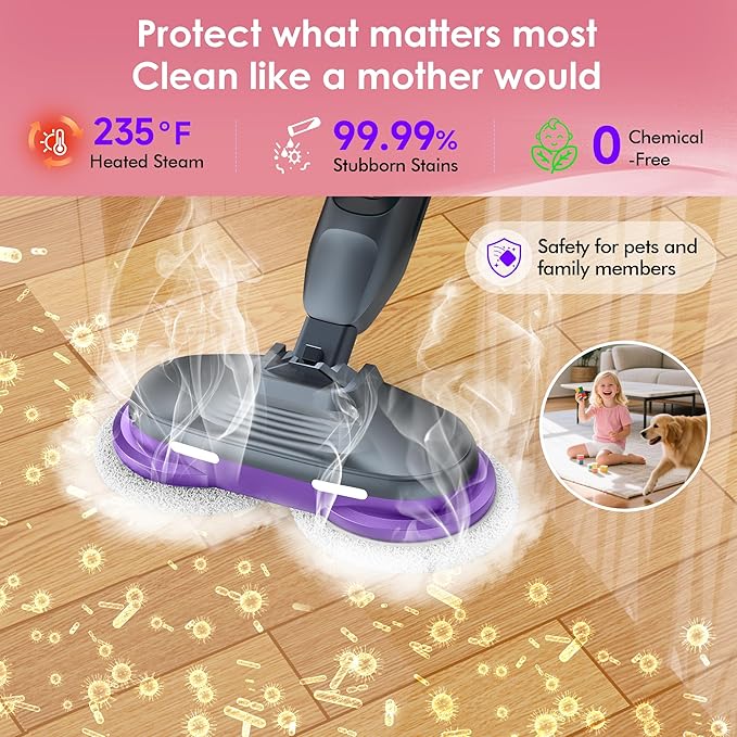 Scrub and Steam Mop with LED Headlights, All-in-One Hard Floor Cleaner Rotating Mop, 6 Cleaning Pads, Swivel Steering, Cable Holder & XL Water Tank