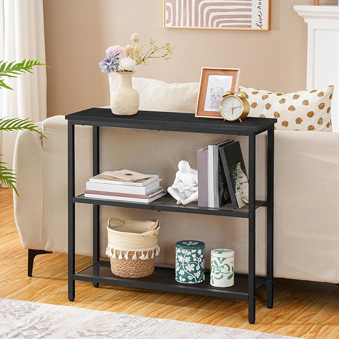 HOOBRO 29.5" Narrow Console Table, 3 Tier Entryway Table with Shelves, Thin Sofa Table, Behind Couch Table, Display Side Table, for Hallway, Entrance, Living Room, Black BB73XG01