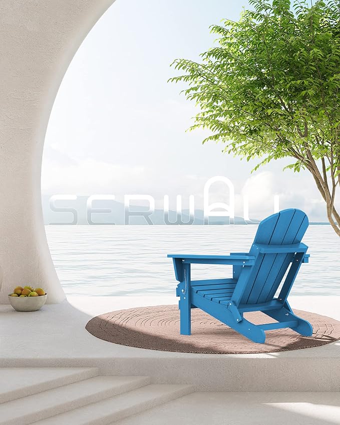 SERWALL Folding Adirondack Chair Set of 6, Weather Resistant HIPS Lawn Chairs with Cup Holder for Garden Outdoors Fire Pit- Sapphire