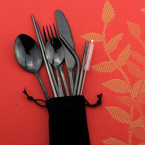 8 Pieces Stainless Steel Mirror Poblished Flatware Set Reusable Cutlery Set Travel Utensils Set with Straws for Camping Office or School Lunch,Dishwasher Safe (Rose Gold)