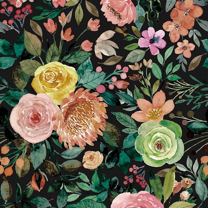 JiffDiff Dark Floral Peel and Stick Wallpaper 236.22" L x 17.7" W Black