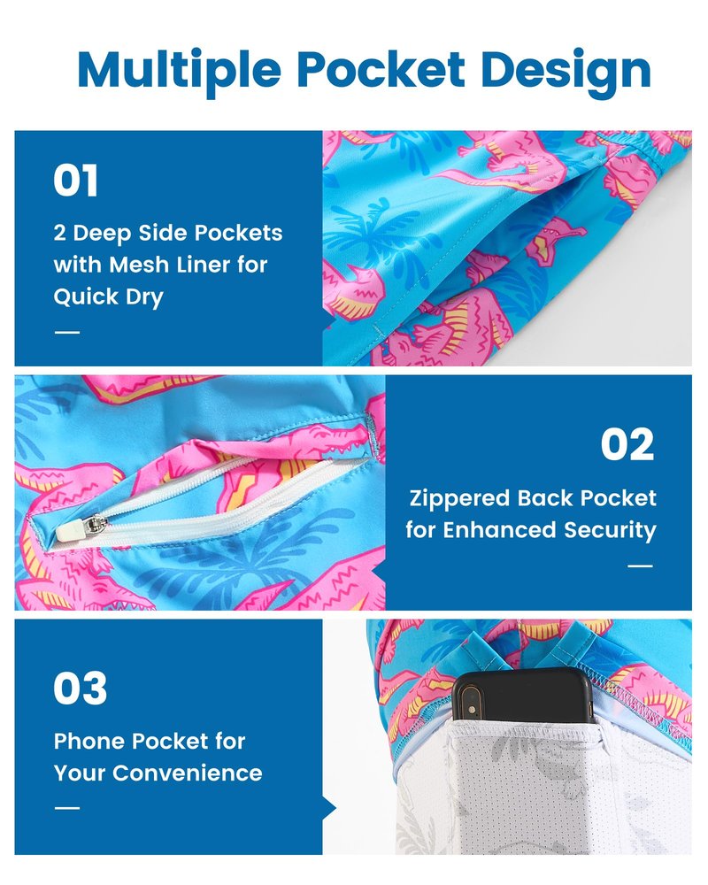 maamgic Mens Swim Trunks with Compression Liner 7 Inch Inseam Mens Bathing Suit Quick Dry Swimming Trunks Swimsuit Blue and Pink Crocodile Medium