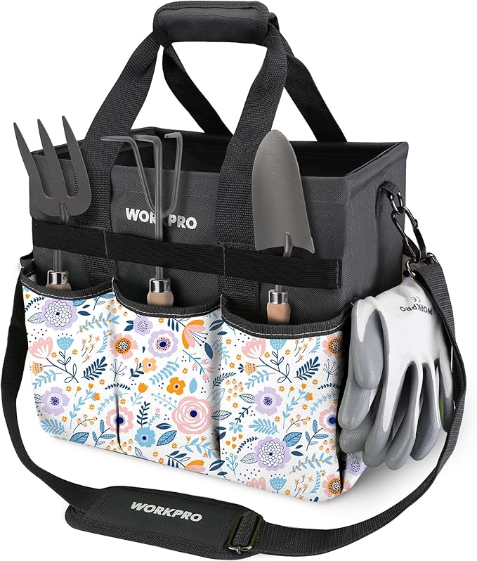WORKPRO Garden Tool Bag Organizer, Heavy Duty Gardening Tote Bag with 10 Pockets and Long Adjustable Shoulder Strap, Standable Garden Home Tool Kits Organizer, Floral White (Tools are not Included)