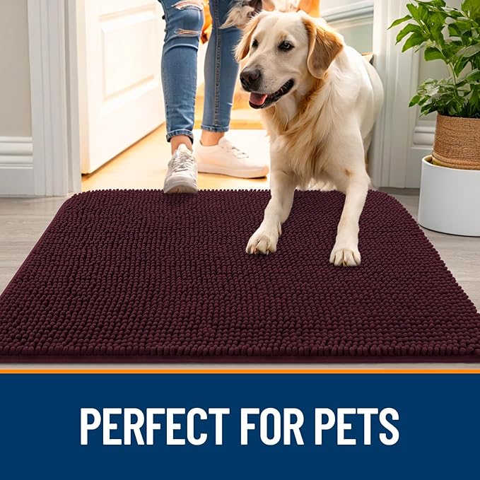 OLANLY Dog Door Mat for Muddy Paws 30x17, Absorbs Moisture and Dirt, Absorbent Non-Slip Washable Doormat, Quick Dry Chenille Mud Mat for Dogs, Entry Indoor Entryway Carpet for Inside Floor, Russet