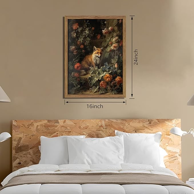 Framed Dark Academia Fox Canvas Wall Art, Sitting Fox Surrounded by Flowers