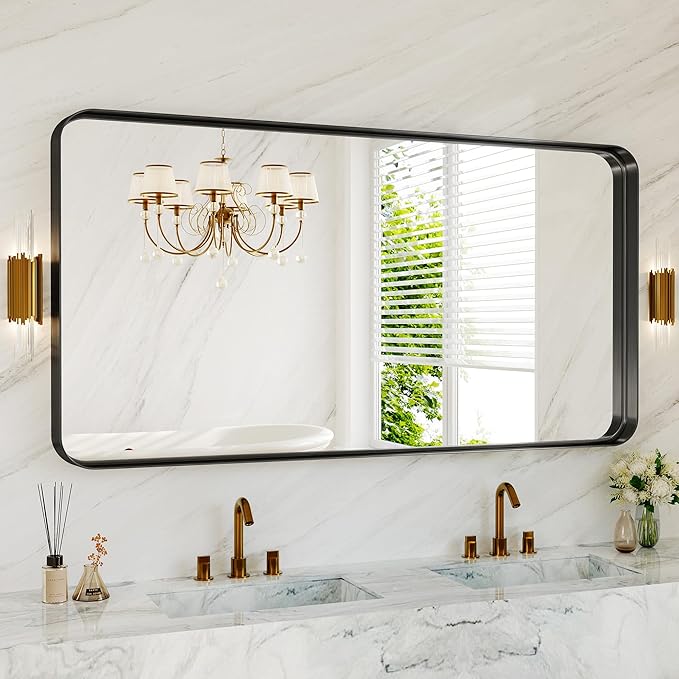 60X30 Inch Black Metal Framed Bathroom Mirror