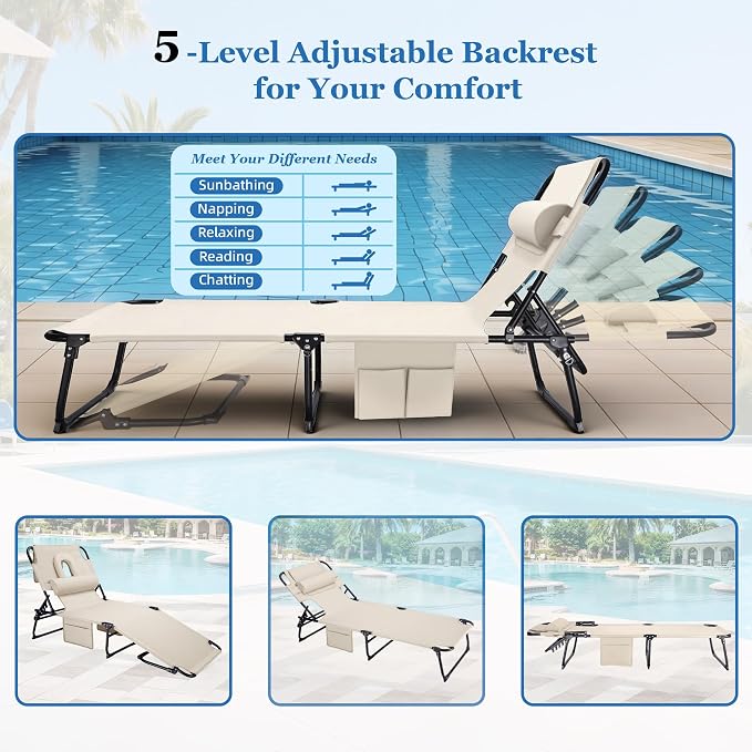 3-in-1 Sun Tanning Chair with Face Holes, Folding Chaise Lounge Chairs, 5-Position Adjustable Lounge Chair Outdoor with 2 Side Pocket & Pillow, for Pool Beach, Patio, Camping, Beige