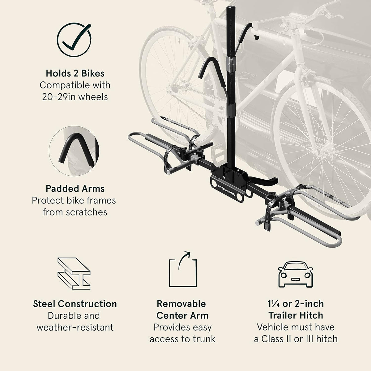 Retrospec Lenox Bike Rack - 2-Bicycle Carrier with 2-Inch Receiver for Class II or III Hitches