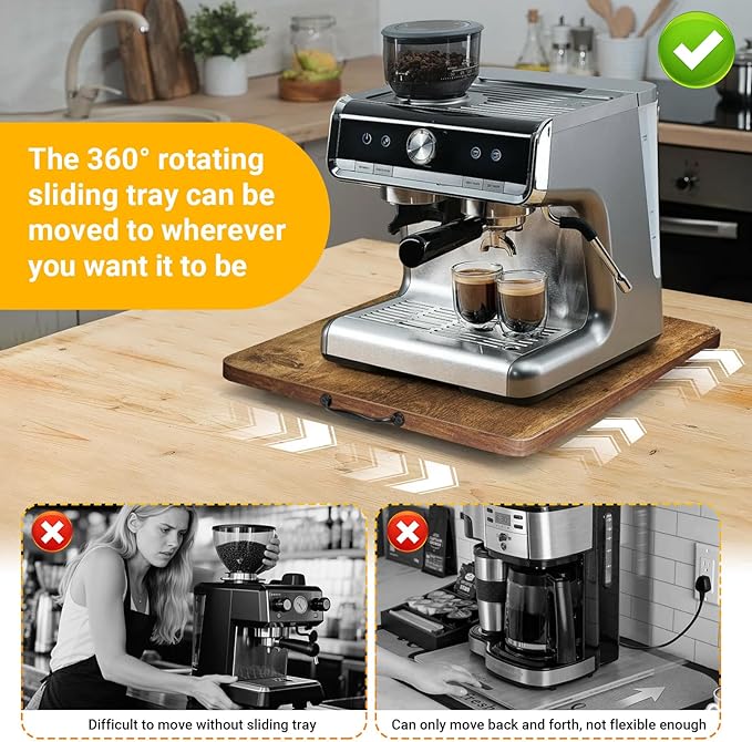 360° Rotatable Sliding Tray for Kitchen Appliances, Wooden Sliding Tray for Coffee Maker, Coffee Pot Slides for Countertop Installation, Easy to Slide (Brown, Small)
