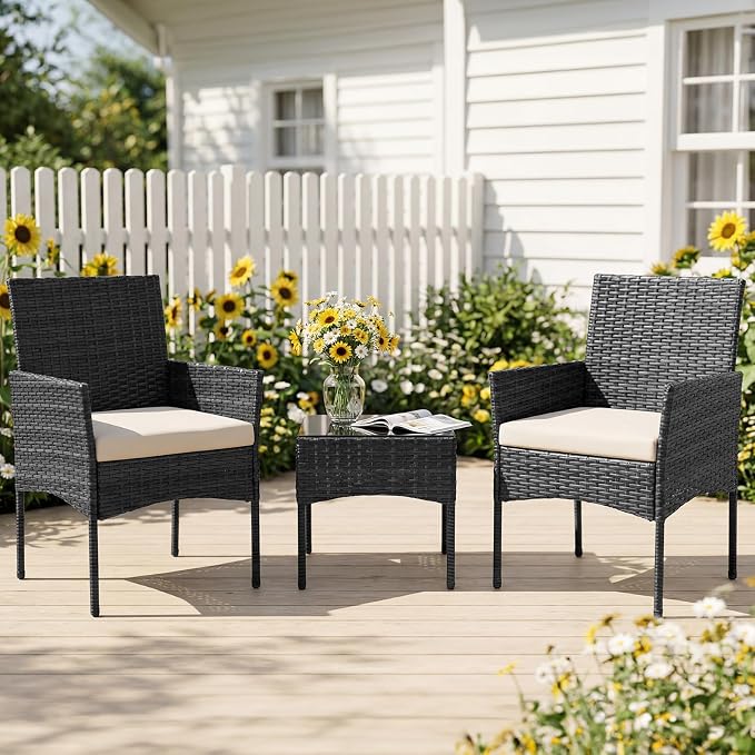 NEWBULIG 3-Piece Patio Furniture Set, Outdoor Wicker Rattan Chairs with Removable Cushion & Tempered Glass Table, Conversation Set Furniture for Porch, Balcony, Deck - Black