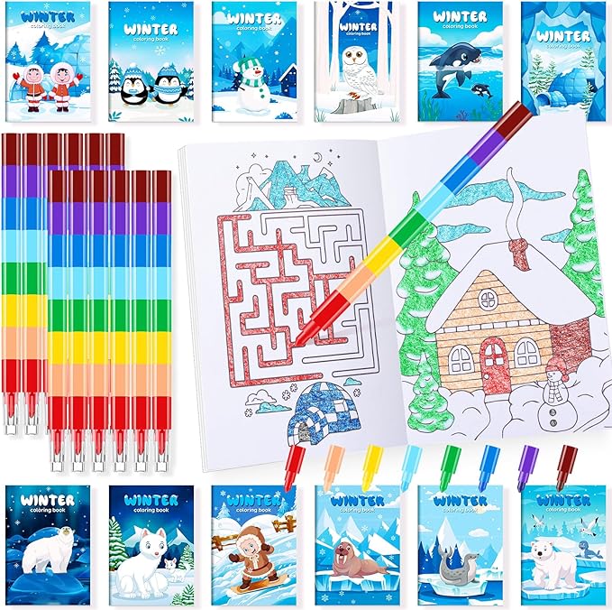 BenLouis 24 Winter Mini Coloring Books Kids with 24 Stacking Crayons Polar Animals Party Favors Activity Books Bulk for Kids Winter Holiday Goodie Bag Gift Stuffer Classroom Reward