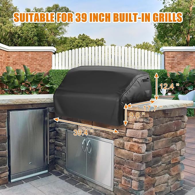 Grisun 39 Inch Built-in Grill Cover for Weber and KitchenAid Built in Gas Grills, Bull Outdoor Kitchen & Grill Head Cover, Heavy Duty Waterproof BBQ Grill Cover with Handle, Black