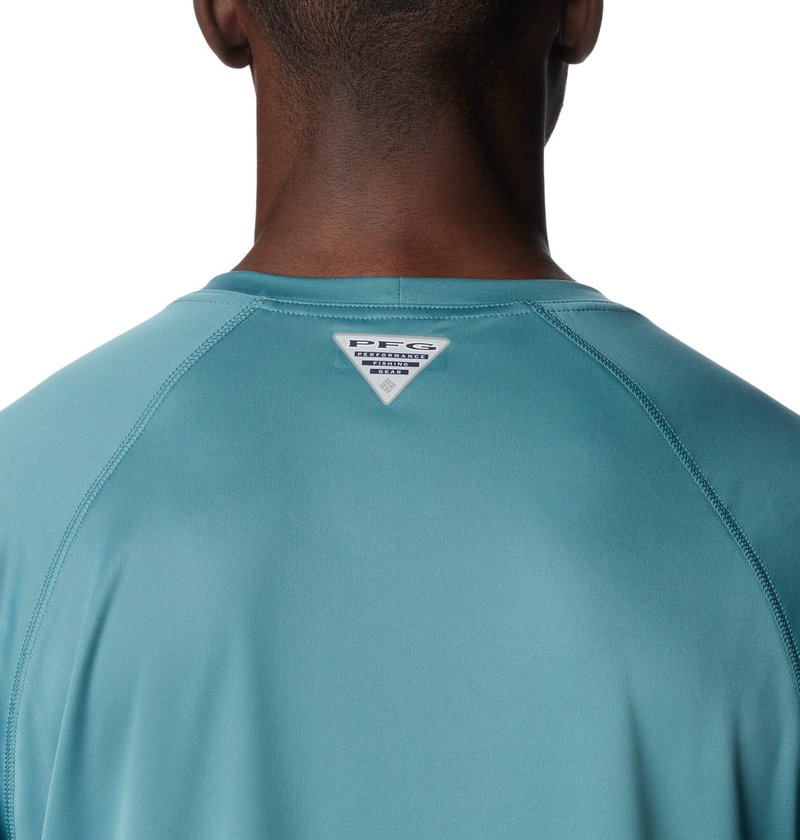 Columbia Men's Terminal Tackle Long Sleeve Fishing Shirt, Tranquil Teal/Orange Reef Logo, Large