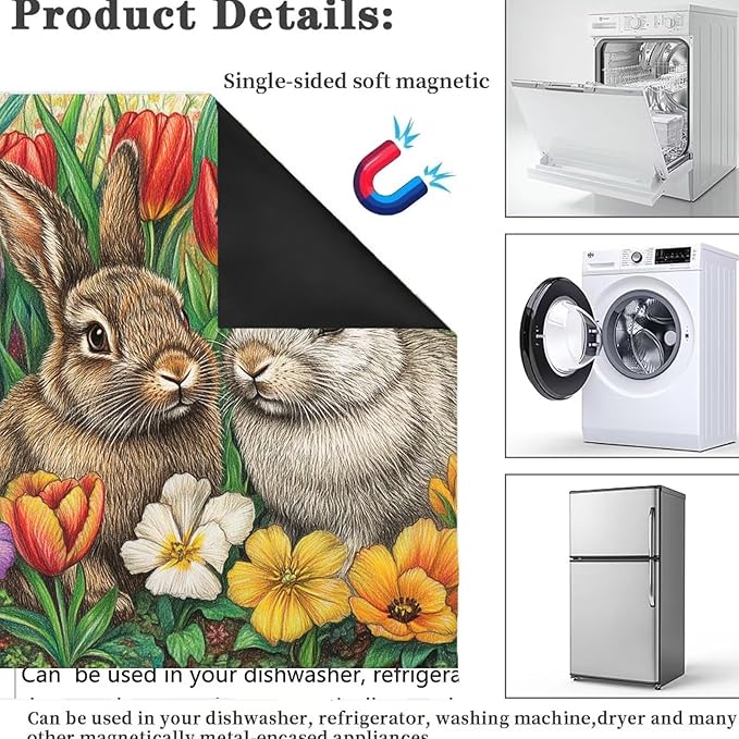 Two Rabbits Dishwasher Panel Decal Magnetic Cover Spring Colorful Flowers Home Appliance Decoration, Easter Bunny Dishwasher Magnet Full Door Cover, Easy Update (23" x 26" Magnetic)