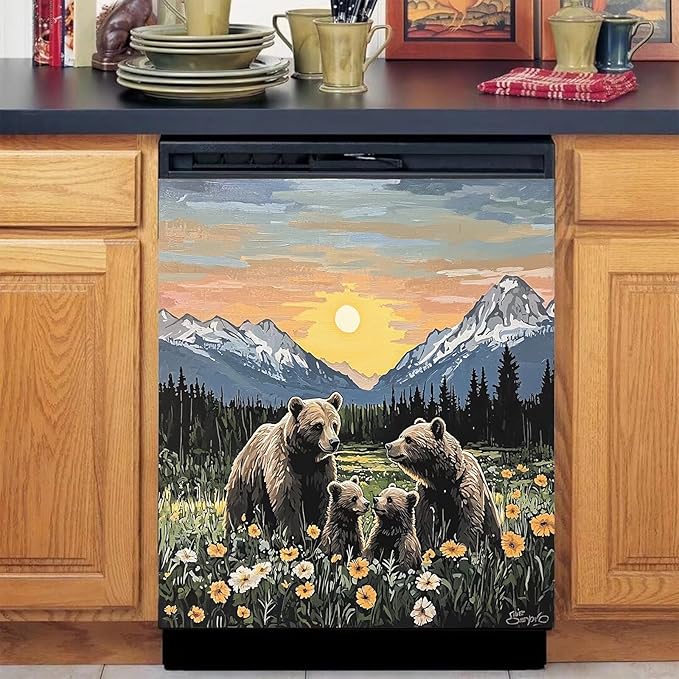 Dishwasher Magnet Cover Panel Sunset Garden Bears Refrigerator Magnetic Stickers Oil Painting Style Brown Bear Magnetic Dishwasher Decals for Home Kitchen Decor 23" x 26"(Magnetic)