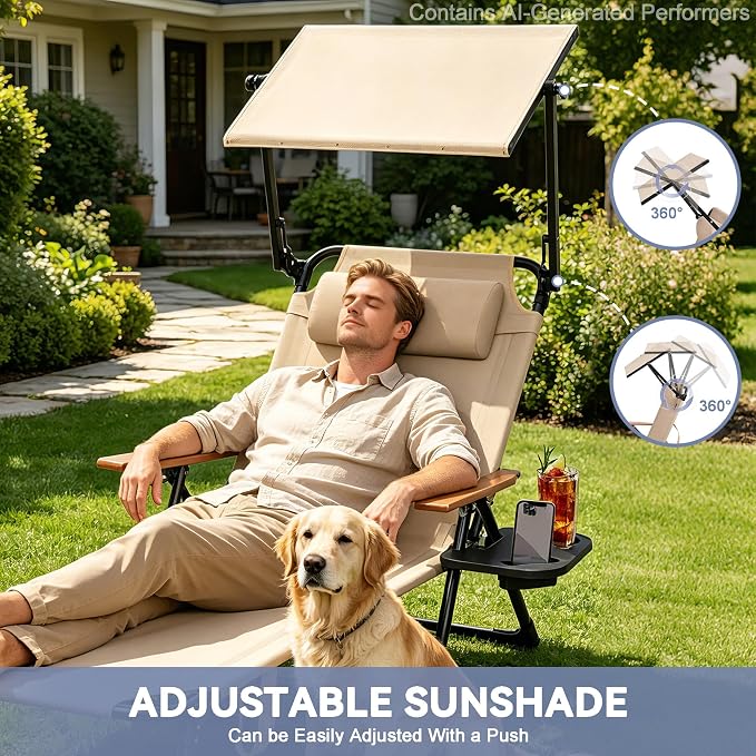 Beach Lounge Chairs with Armrests, 4-Position Folding Lounge Chairs for Outside, Sunbathing Portable Lounge Chaise, Tanning Chair Pillow & Cup Holder, for Outside Beach Pool (Beige)