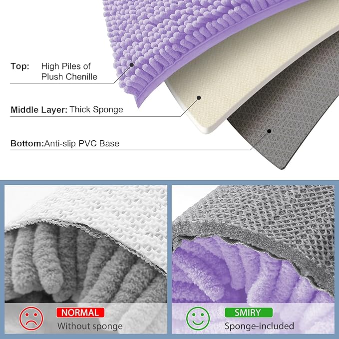 Smiry Luxury Chenille Bathroom Rugs 44x24, Extra Soft and Absorbent Shaggy Bath Mat, Machine Washable, Non-Slip Plush Carpet Runner for Tub, Shower, and Floor, Home Decor Accessories, Purple