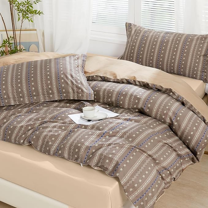 SAPHREAS Brown Stripe Duvet Cover Set Full Size 3pcs Floral Pattern Bedding Comforter Cover Set 100% Cotton 1 Duvet Cover 80"x90" 2 Pillow Shams, Comforter Not Included