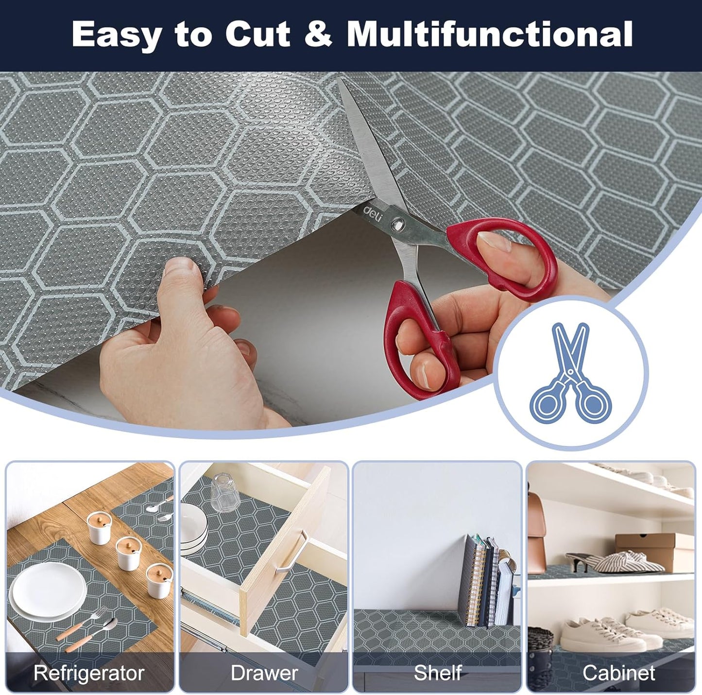 Non-Adhesive Shelf Liner Roll - Waterproof No-Slip Drawer & Cabinet Mat for Kitchen, Refrigerator, Bathroom, Easy to Cut EVA Drawer & Shelf Liners, 12" x 197", Grey