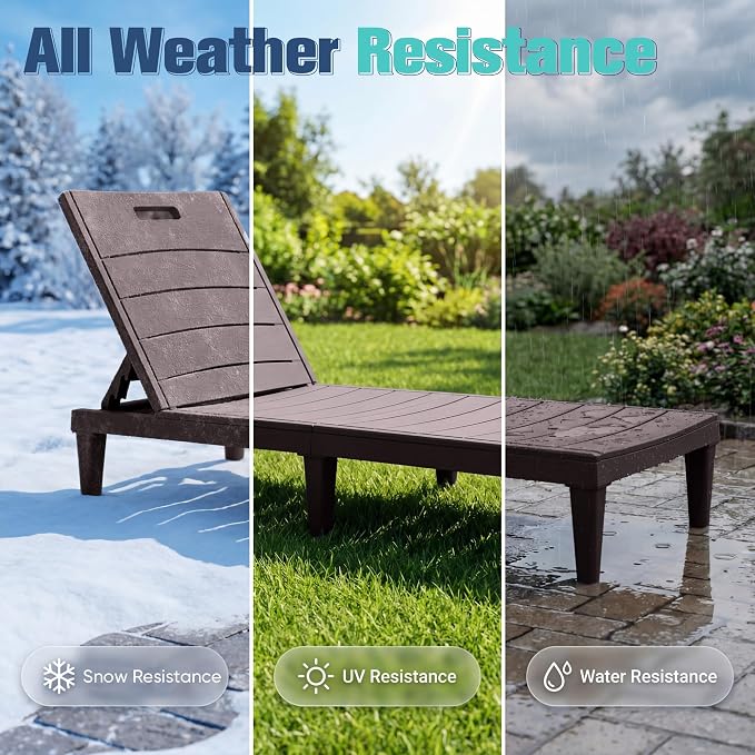 Devoko Outdoor Chaise Lounge Chair Set of 2 with 5-Position Adjustable Back, Waterproof & Lightweight PP Lounge Chairs for Outside Pool Patio (Deep Brown)