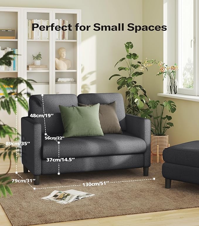 Loveseat Sofa, 51" Love Seat, Comfy Teddy Small Loveseat for Small Spaces, Tool-Free Setup Sofa Couch for Bedroom, All-Wood Couches for Living Room, No Pillow Included, Grey