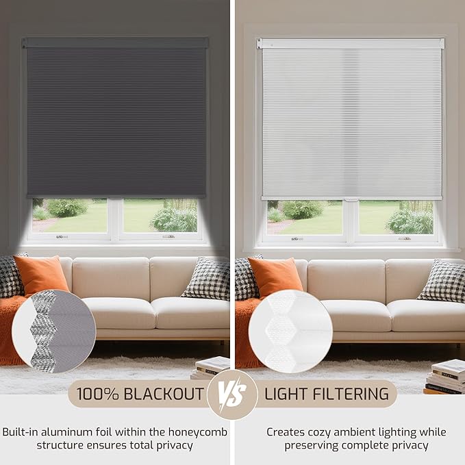 Grandekor No Drill No Tools Cordless Cellular Shades, UV Protection Privacy No