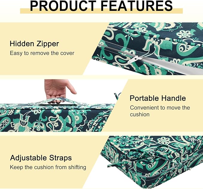 downluxe Outdoor Chair Cushions Set of 4, Waterproof 19" x 19" x 3" Patio Chair Cushion with Non-Slip Ties & Handle, Square Outdoor Cushion for Patio Furniture with Removable Cover, Green Paramecium