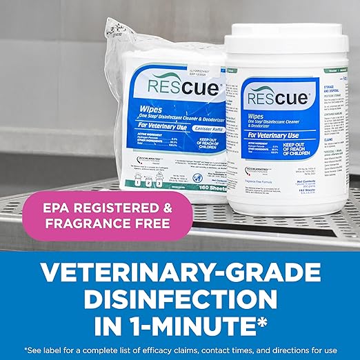 REScue One-Step Disinfectant Cleaner & Deodorizer Wipes for Vet Use – Cleaner for Kennels, Litter Boxes, Vet Offices, Pet Grooming Surfaces – Wipes Canister, 160-Count (Pack of 12)