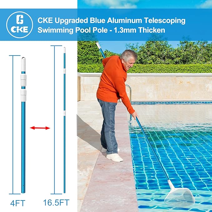 CKE Upgraded 16.5 Feet Thicken 1.3mm Blue Aluminum Telescoping Swimming Pool Pole,Adjustable 3 Piece Expandable Step-Up,Attach Connect Skimmer Net,Rakes,Brushes,Vacuum Head with Hoses, Universal 1.25"