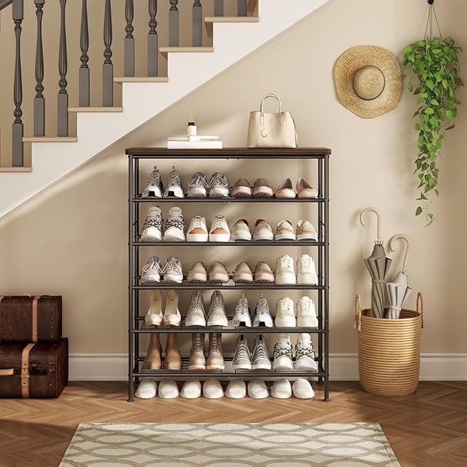 Shoe Rack Organizer 6 Tier for Closet Entryway Free Standing Metal Storage Shoe Shelf with MDF Top Board，Black