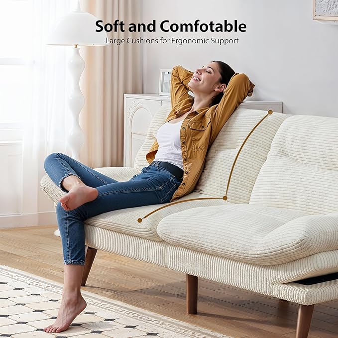 Pipishell Futon Sofa Bed, 66 Inch Corduroy Futon Couch Convertible with Adjustable Backrest and Armrests, Recliner Sleeper Sofa for Small Spaces, Living Room, Office, Guest Room (White, 66 Inch)